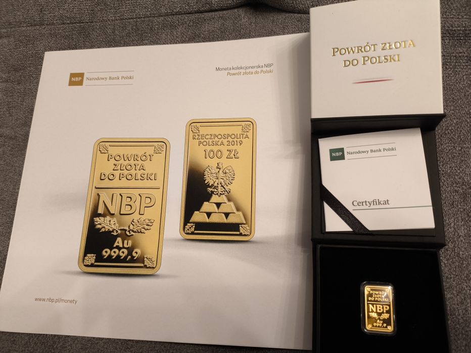 Złota moneta kolekcjonerska NBP 100 zł Powrót złota do Polski
