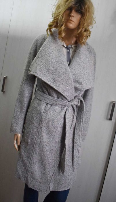 Płaszcz wełniany 34 XS szlafrokowy wiązany zimowy do kolan elegancki