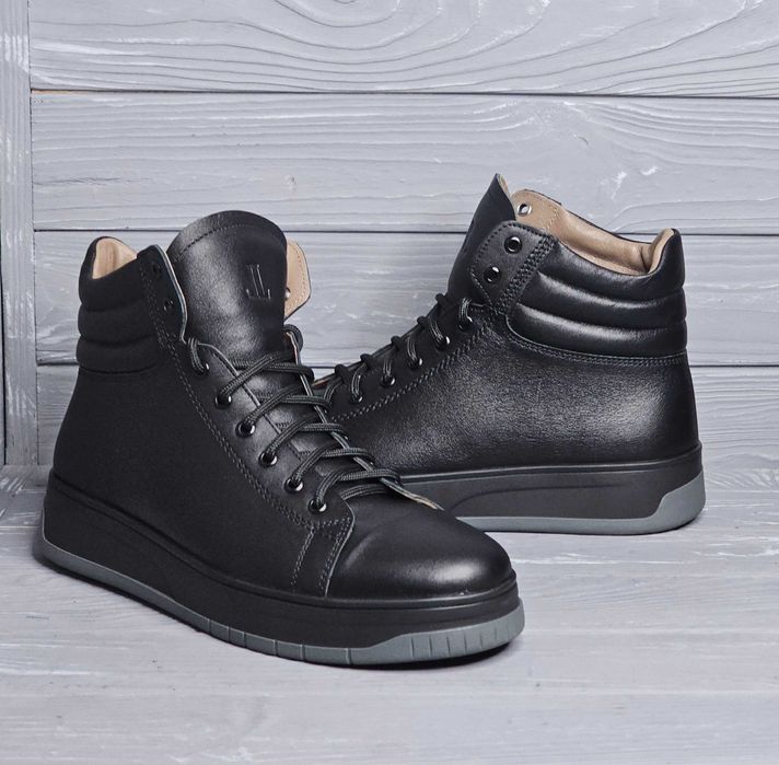 Кожаные мужские зимние черные кеды / ботинки на меху ТМ Level!!!