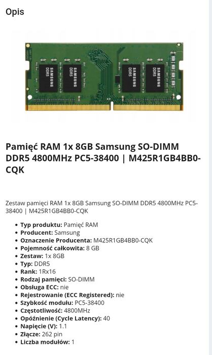 Pamięć RAM DDR5 Samsung M425R1GB4BB0-CQK SAMSUNG 8 GB