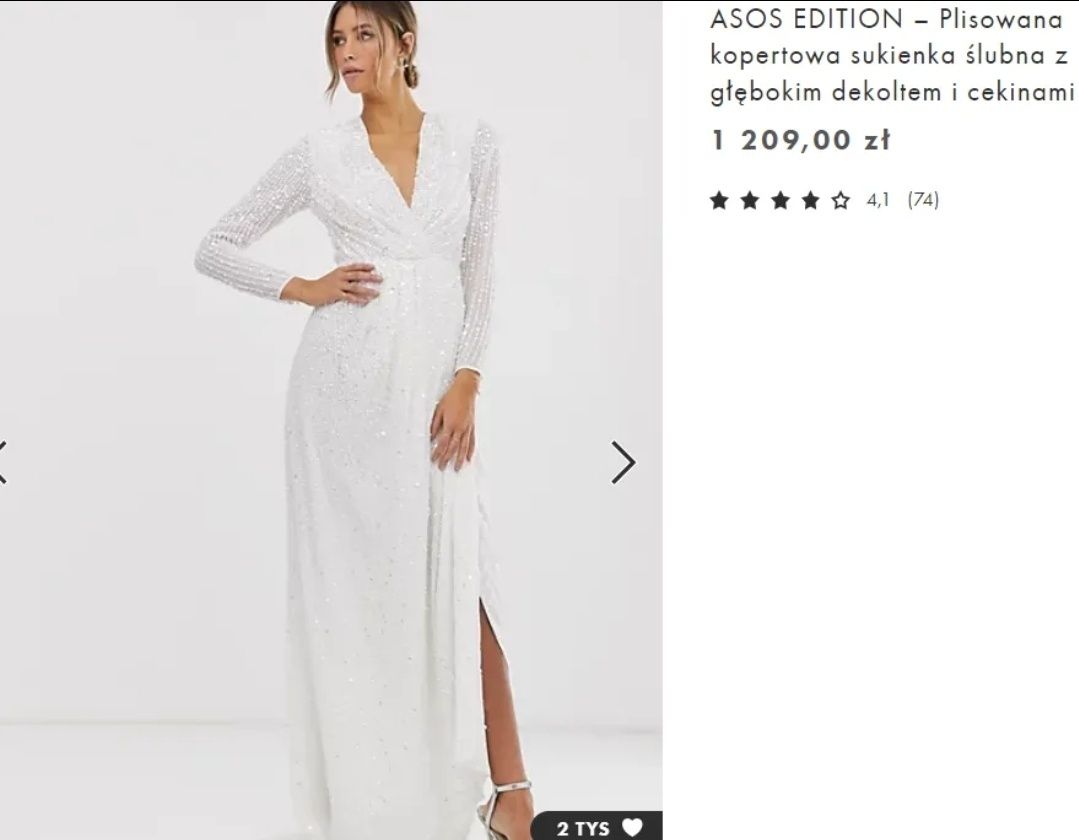 Sukienka Asos bogato zdobiona cekiny cekinowa maxi długa biała L