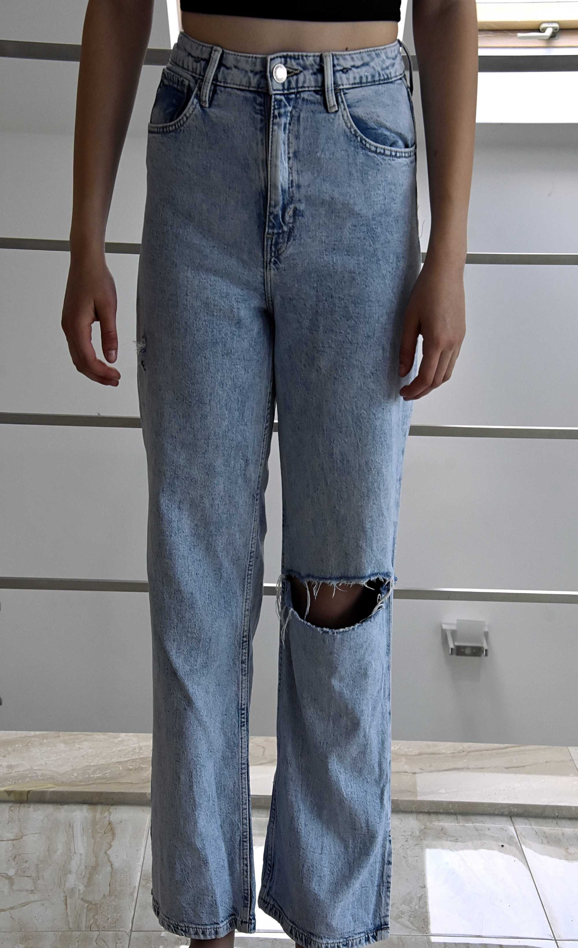 Spodnie jeansy H&M szerokie nogawki wysoki stan dziury 152cm 11-12 lat