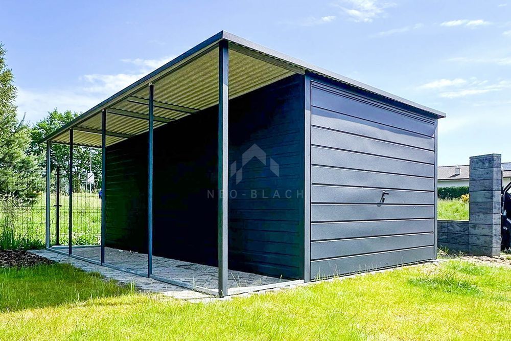 Garaż Blaszany 3X5M + Wiata 1X5M Brama Uchylna Antracyt Nb203