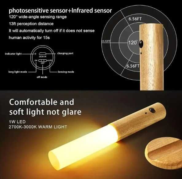 Lampka LED - czujnik ruchu - kolor drewna - magnetyczna przenośna