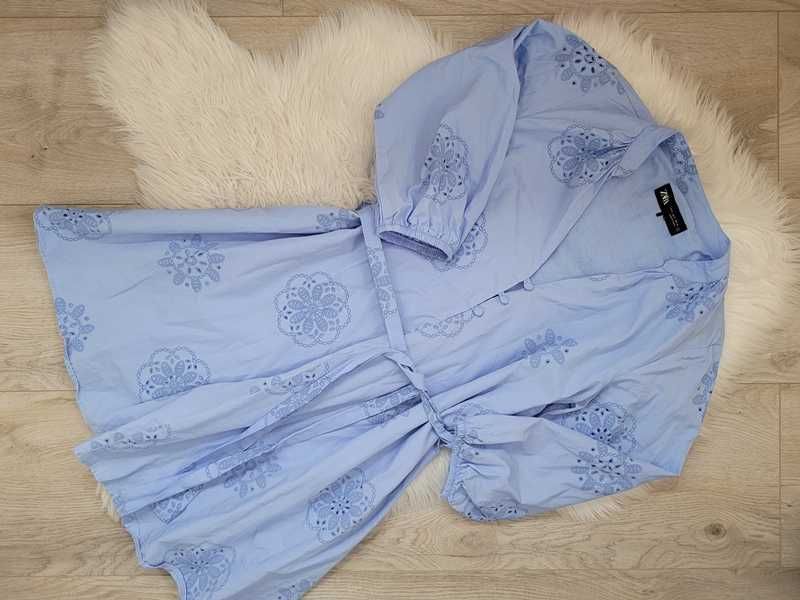 Niebieska, pastelowa, bawełniana, krótka / mini sukienka, Zara, S (36)