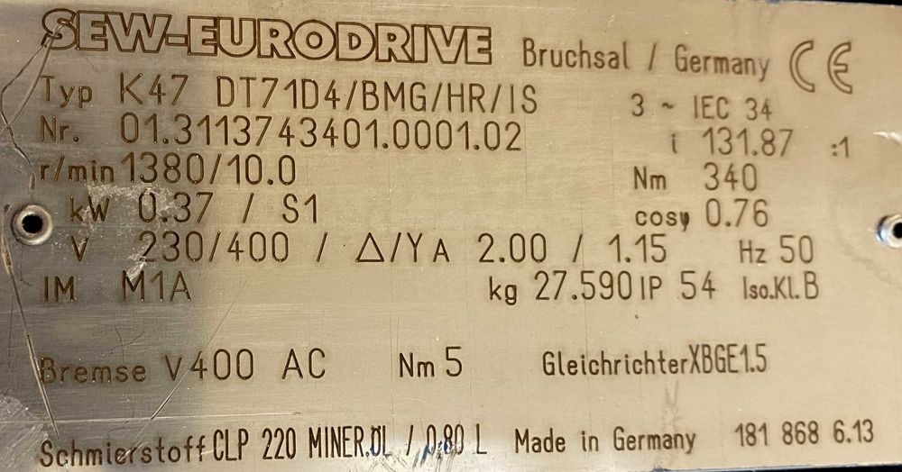 motoreduktor / przekładnia 0,37kW 10obr. 3fazowy HAMULEC SEW