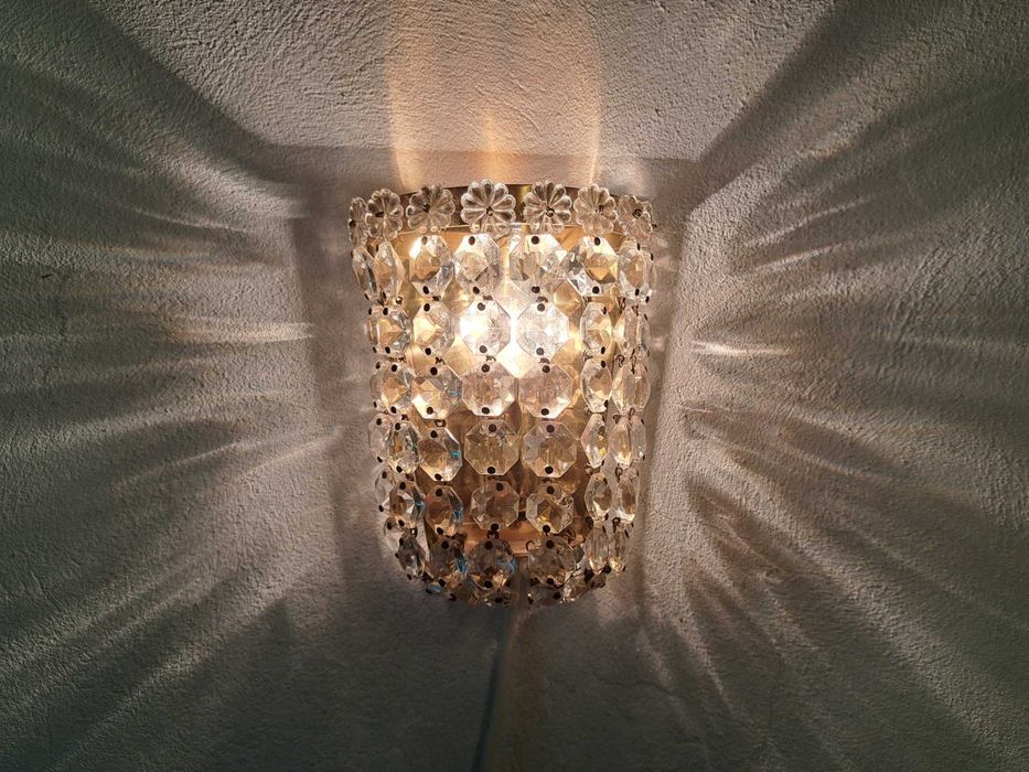 Kinkiet kryształowy mosiężny z wyłącznikiem Austria, 70-te