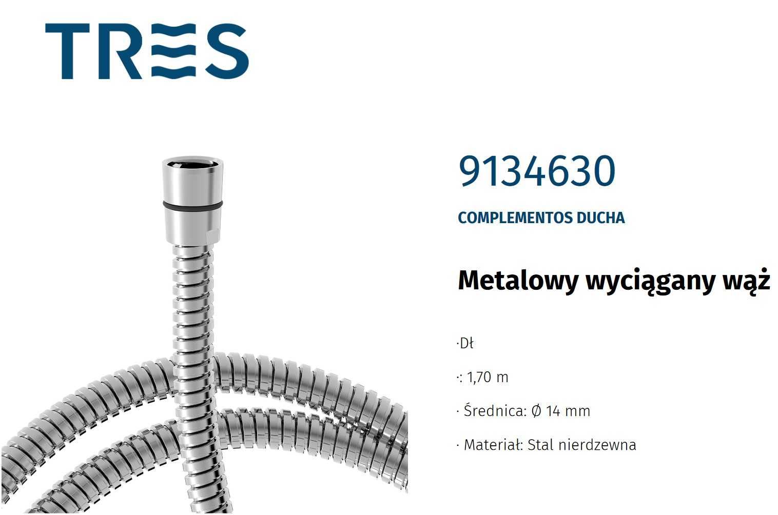 Prysznicowy Markowy Metalowy wyciągany wąż 1,7m TRES - HISZPANIA ORYGI