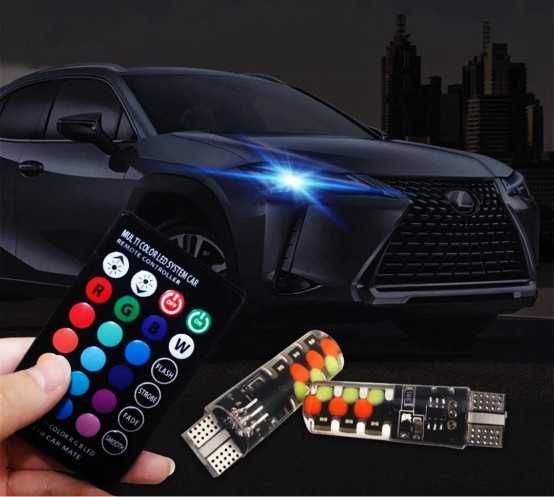 Автомобильная диодная лампа RGB LED T10 W5W с  ПДУ