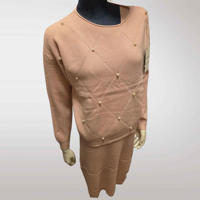 Damski Komplet Swetrowy Sukienka + Sweter Różowy   L XL