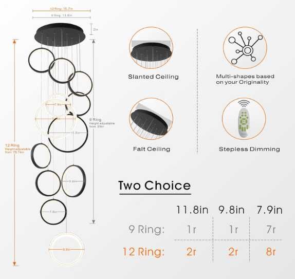 Lampa wisząca LED 12 kół Czarna NR.EO41