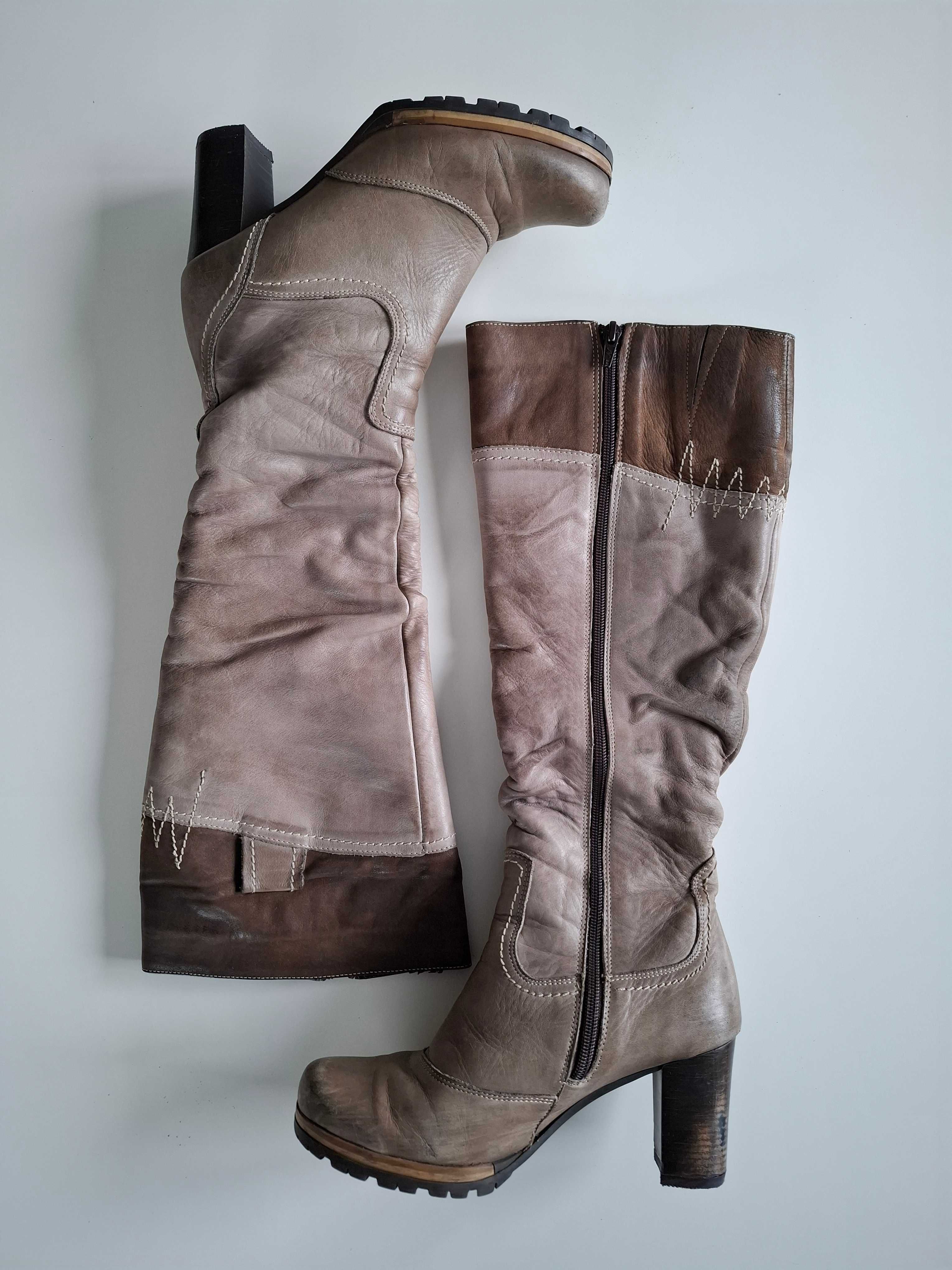 Damskie kozaki, wysokie botki, buty ze skóry 36