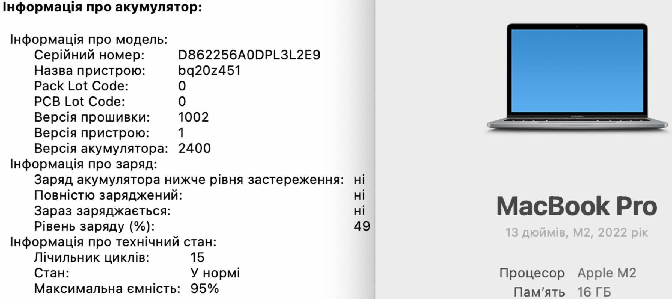 Потужний Ноутбук MacBook Pro 13'' 2022 Custom  M2/16GB/512GB/15 циклів