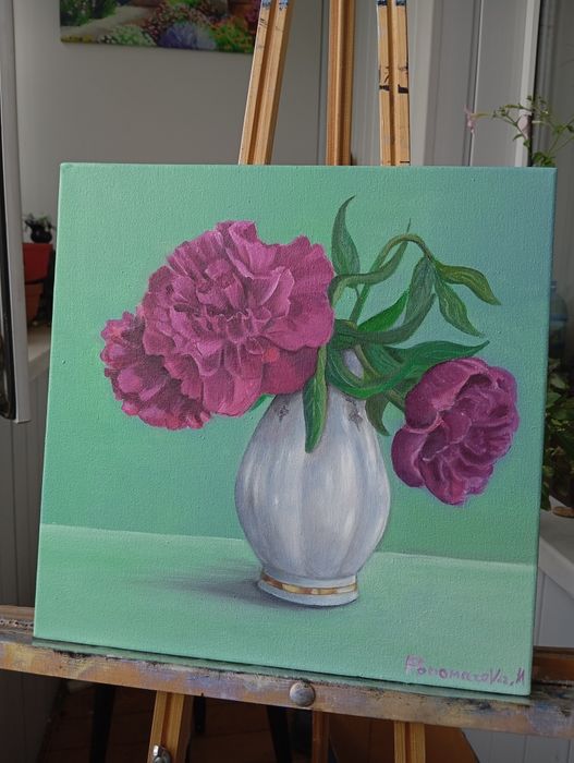 Картина масло, олія. Півонія. Пионы