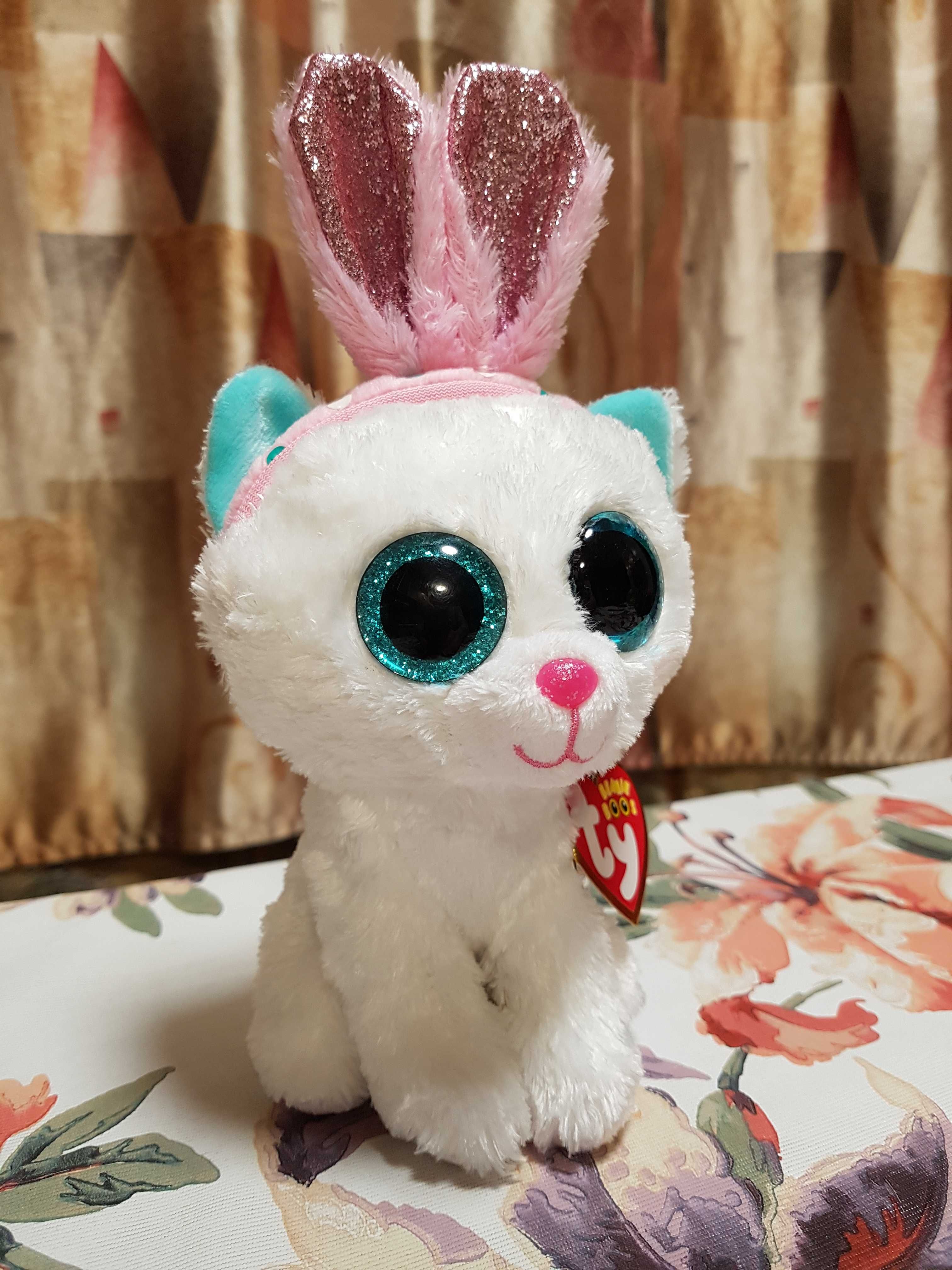 Ty Beanie Boos глазастик белый котик с ушками PIXI, кошка 15-20 см