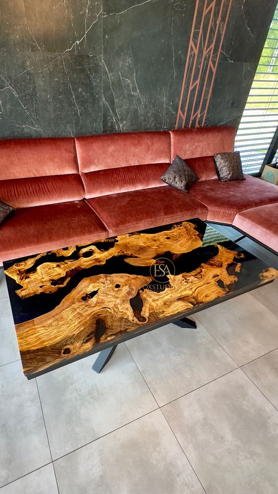 Stół nowoczesny do salonu loft homedeco żywica drzewo oliwne