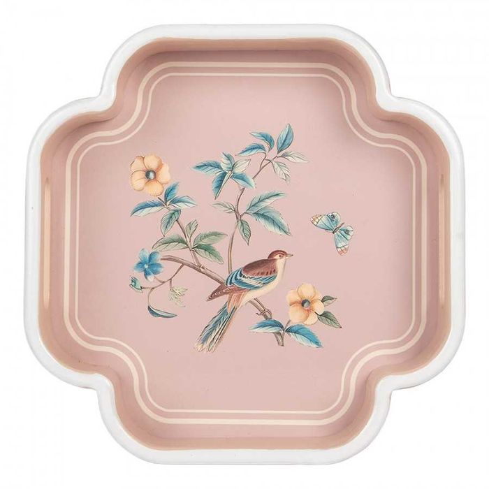 Taca drewniana z  ptaszkiem pudrowy róż 24x24cm. 6H2461