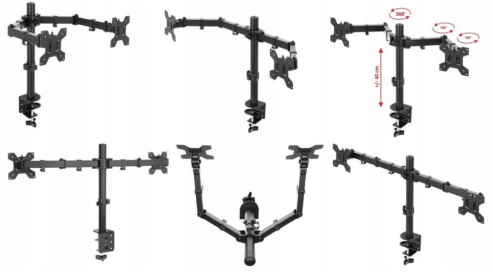 Mocny regulowany biurkowy uchwyt na dwa monitory 14-32 cale