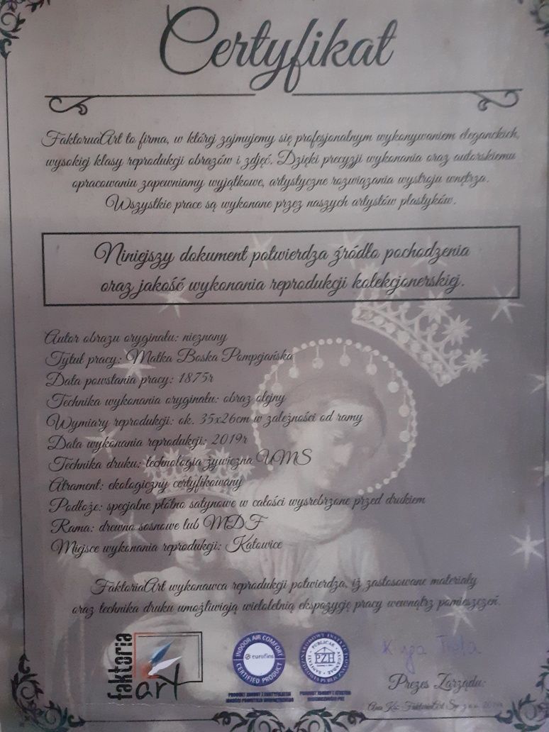 Obraz Matka Boska Pompejańska certyfikat