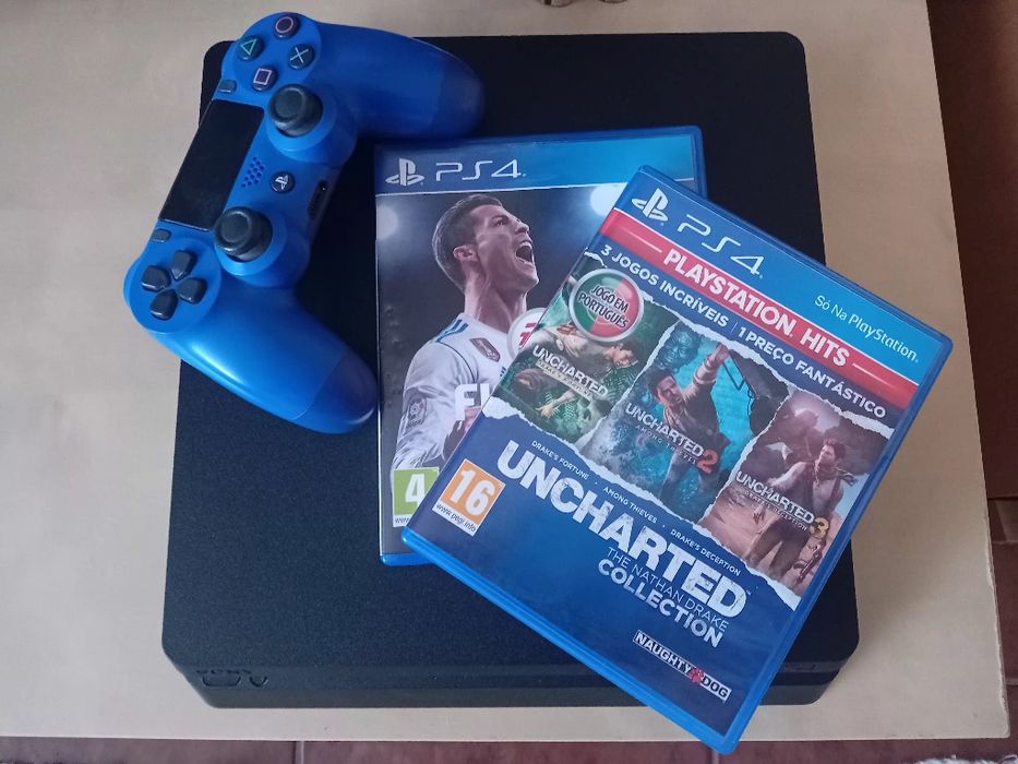 PS4 de 500G, 1 comando e jogos físicos FIFA e Uncharted 1,2 e 3