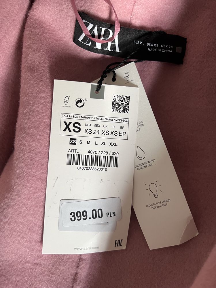 Klasyczny płaszcz Zara różowy XS nowy z metką
