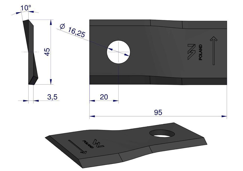 Nożyk kosiarka lewy 95x45x3.5mm otwór 16.25  New Holland WARYŃSKI 25st