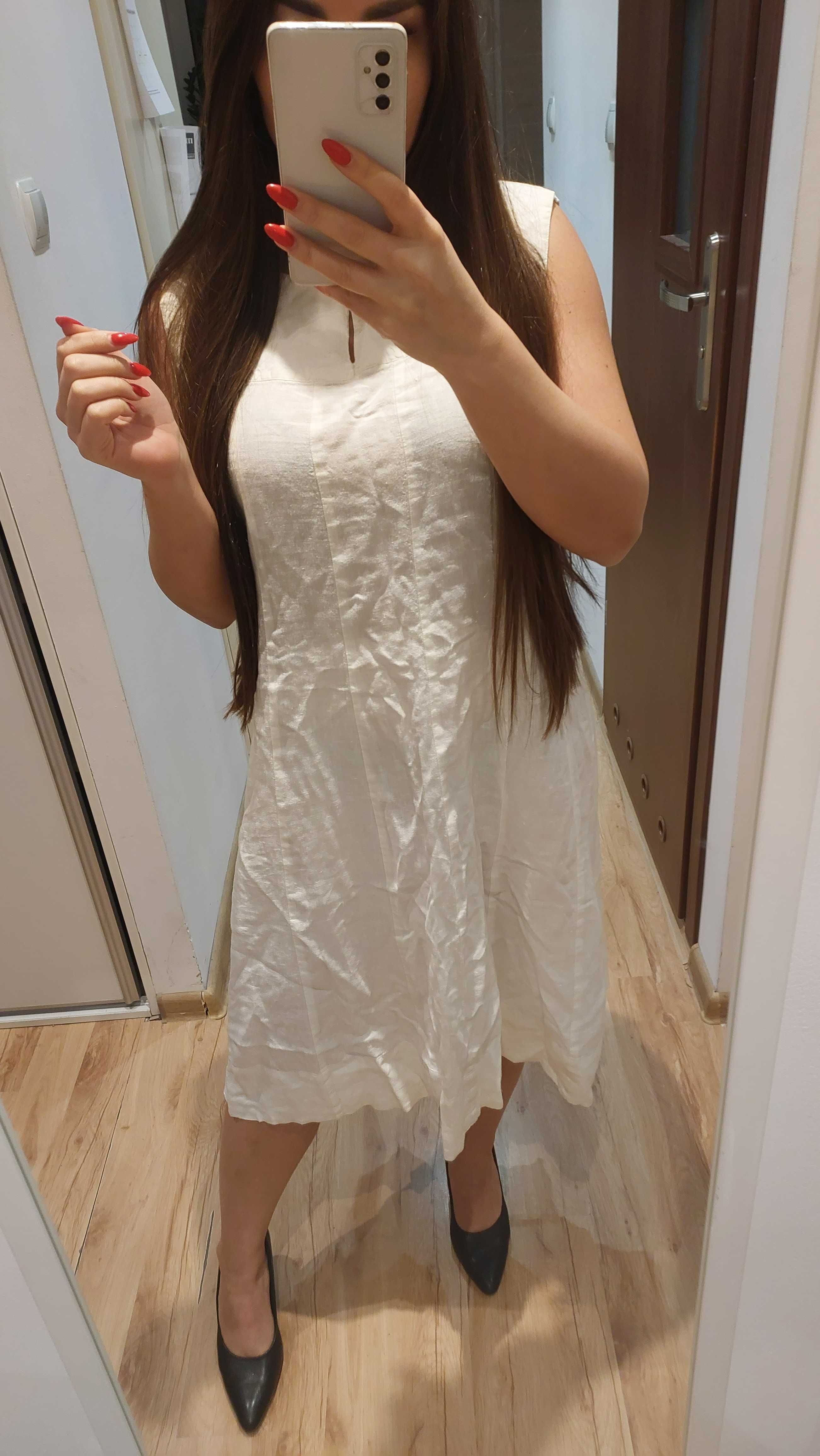 biała lniana sukienka len L XL midi