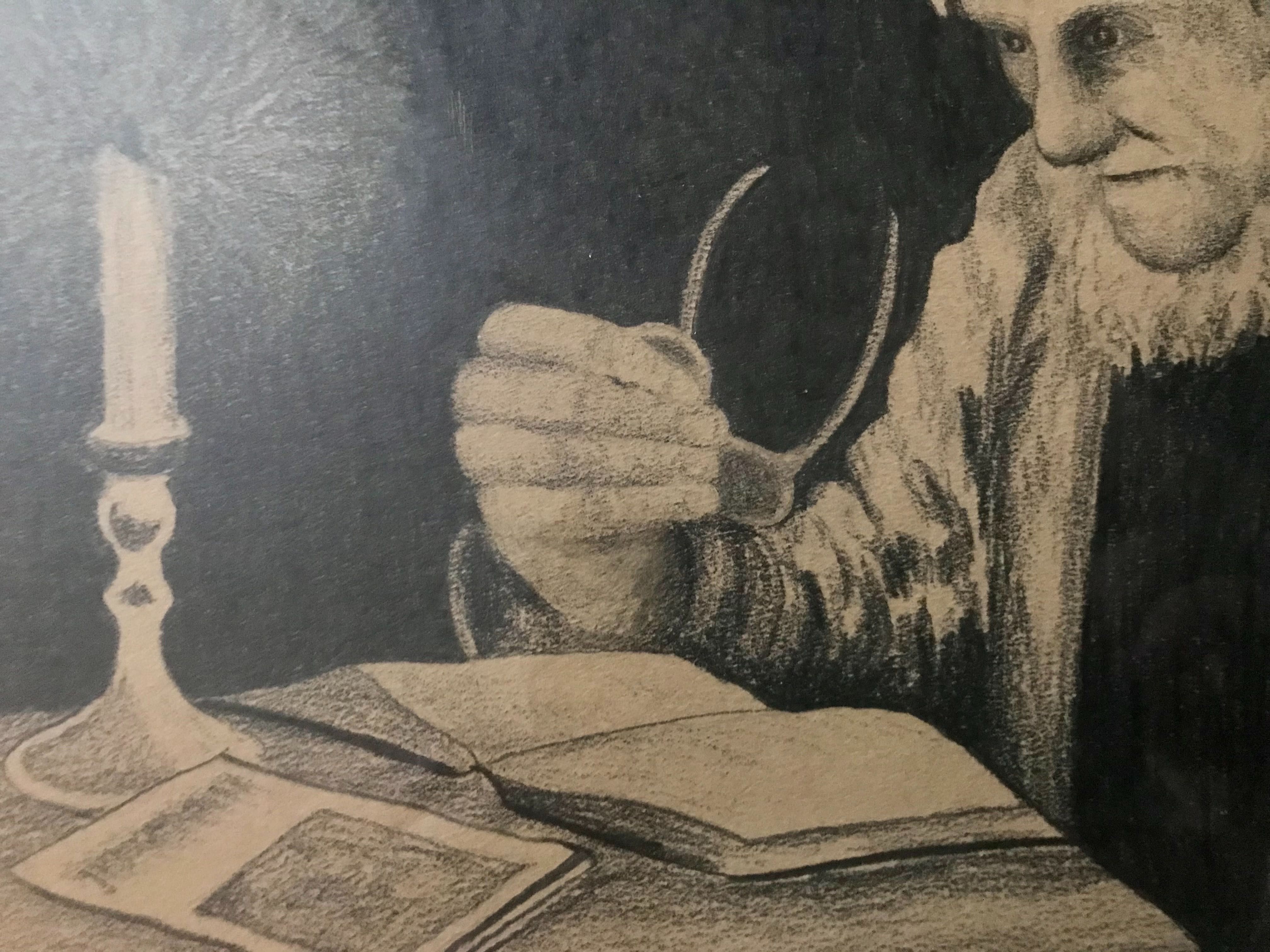 Rysunek ołówkiem - stary, oprawiony obrazek, 1952 rok
