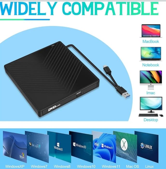 5 в 1 Зовнішній CD-DVD-привід для ноутбука Windows 11 10, USB 3.0 і Ty