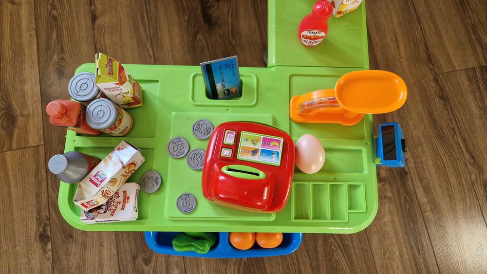 Zabawkowy sklep, Super Market, kasa, wózek