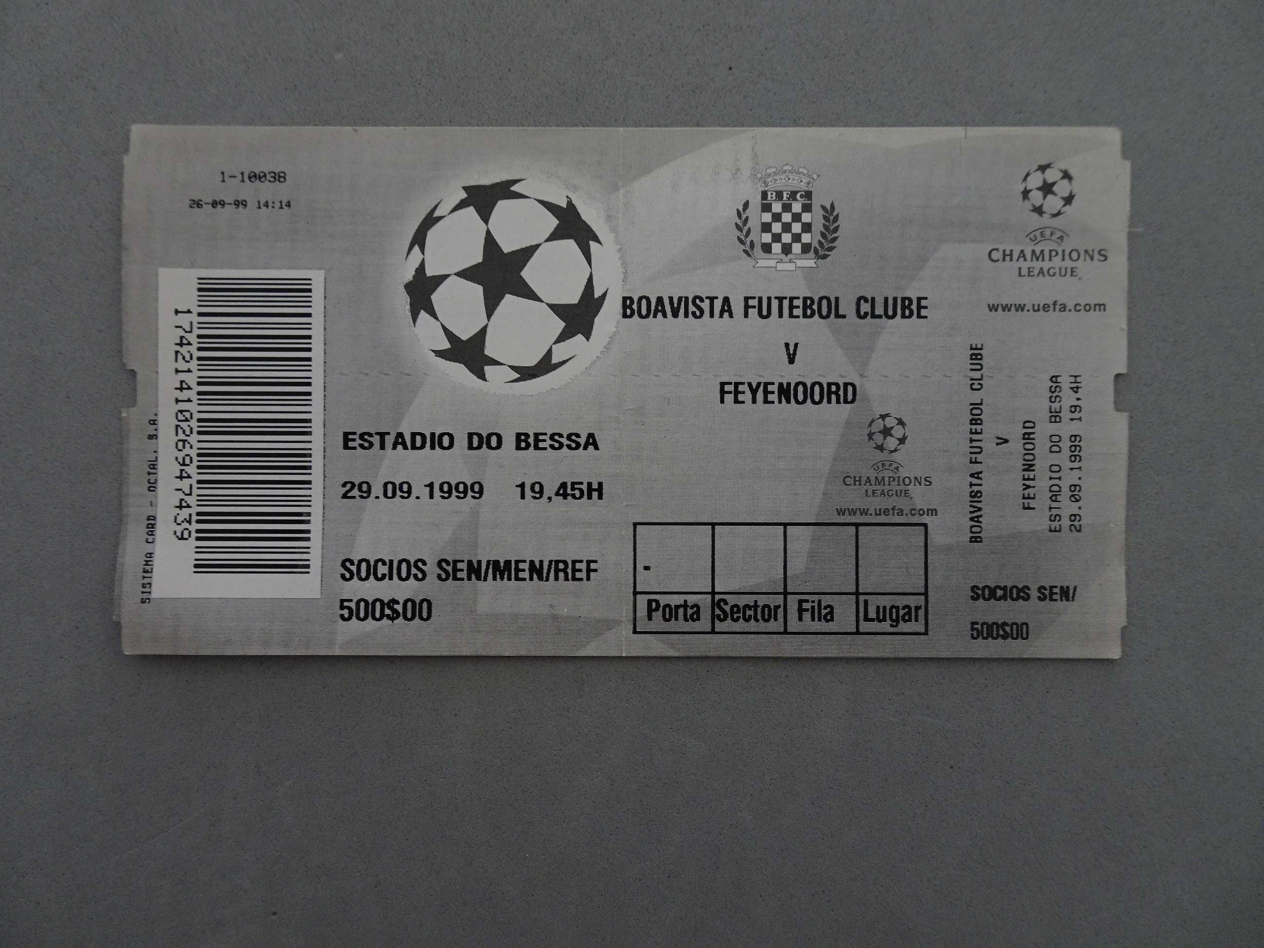 Bilhete futebol Boavista Feyenoord Champions League 29 setembro 1999