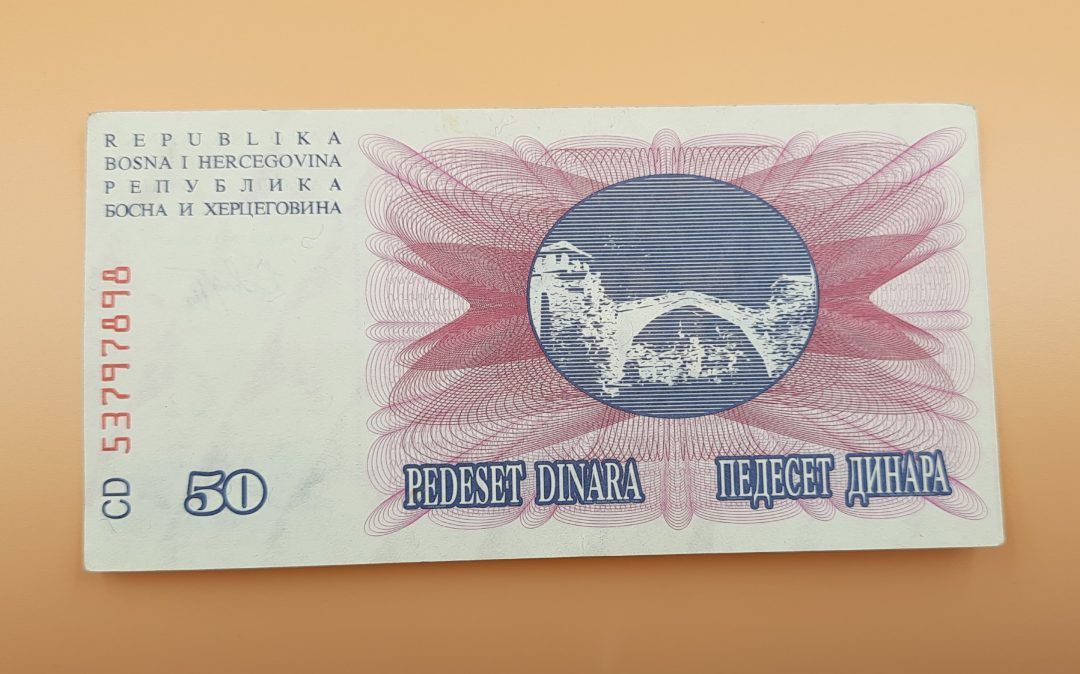 Stary Banknot kolekcjonerski 50 Dinara Bośnia i Hercegowina 1992