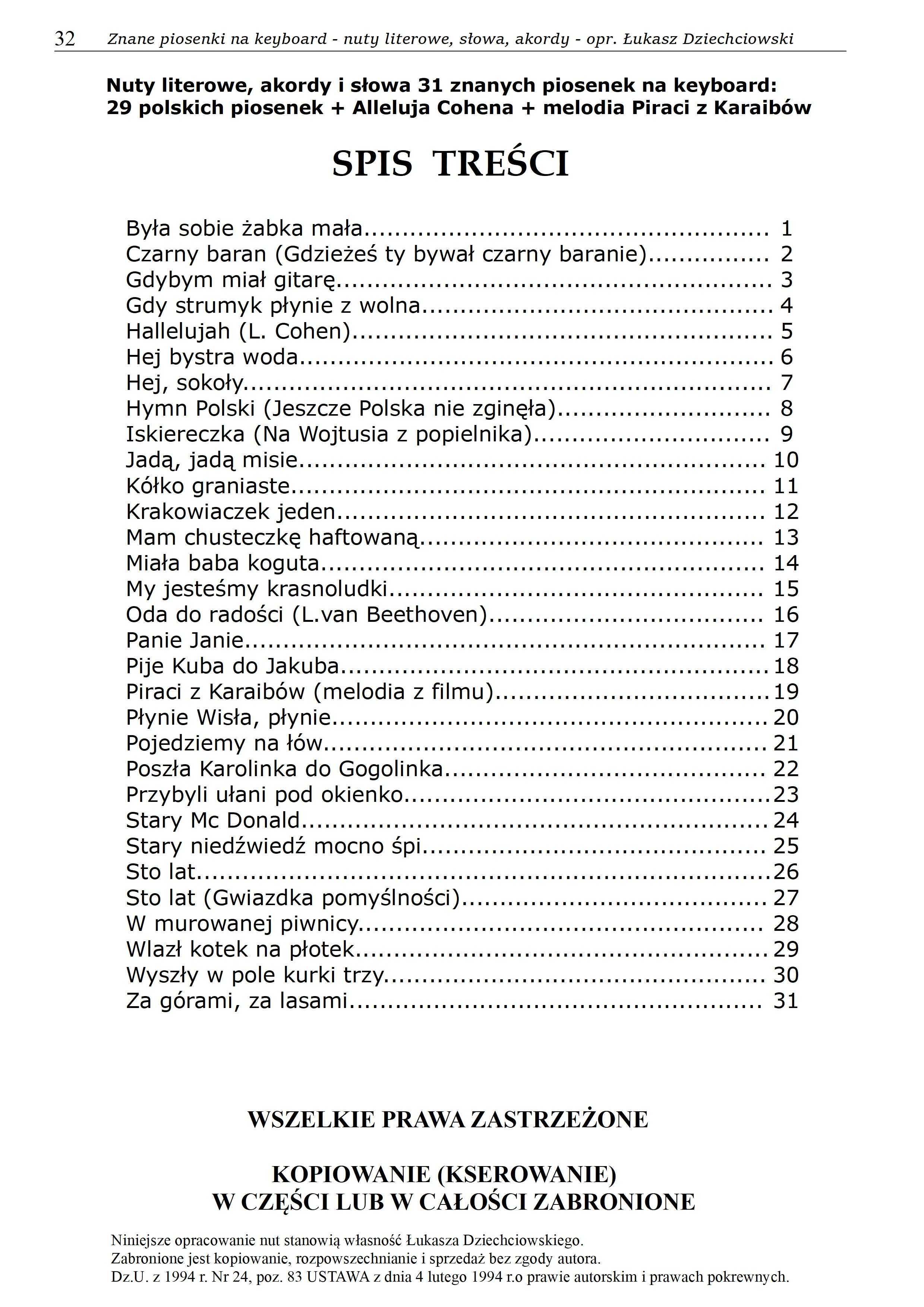 Nuty literowe znane piosenki - keyboard, akordy, słowa, 31 piosenek