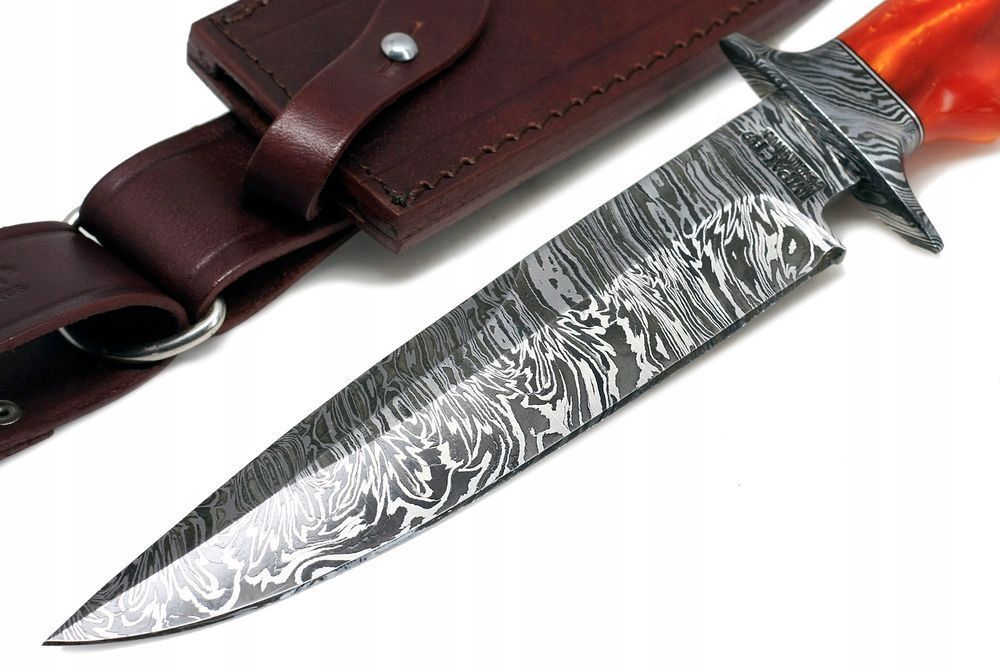Nóż myśliwski ręcznie wykonany wojskowy BOWIE stal DAMASCEŃSKA ETUI