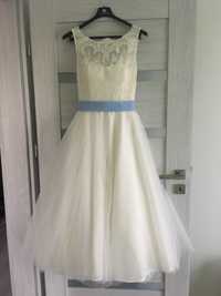 Suknia ślubna księżniczka midi 36 śmietankowa jasnoniebieski pasek