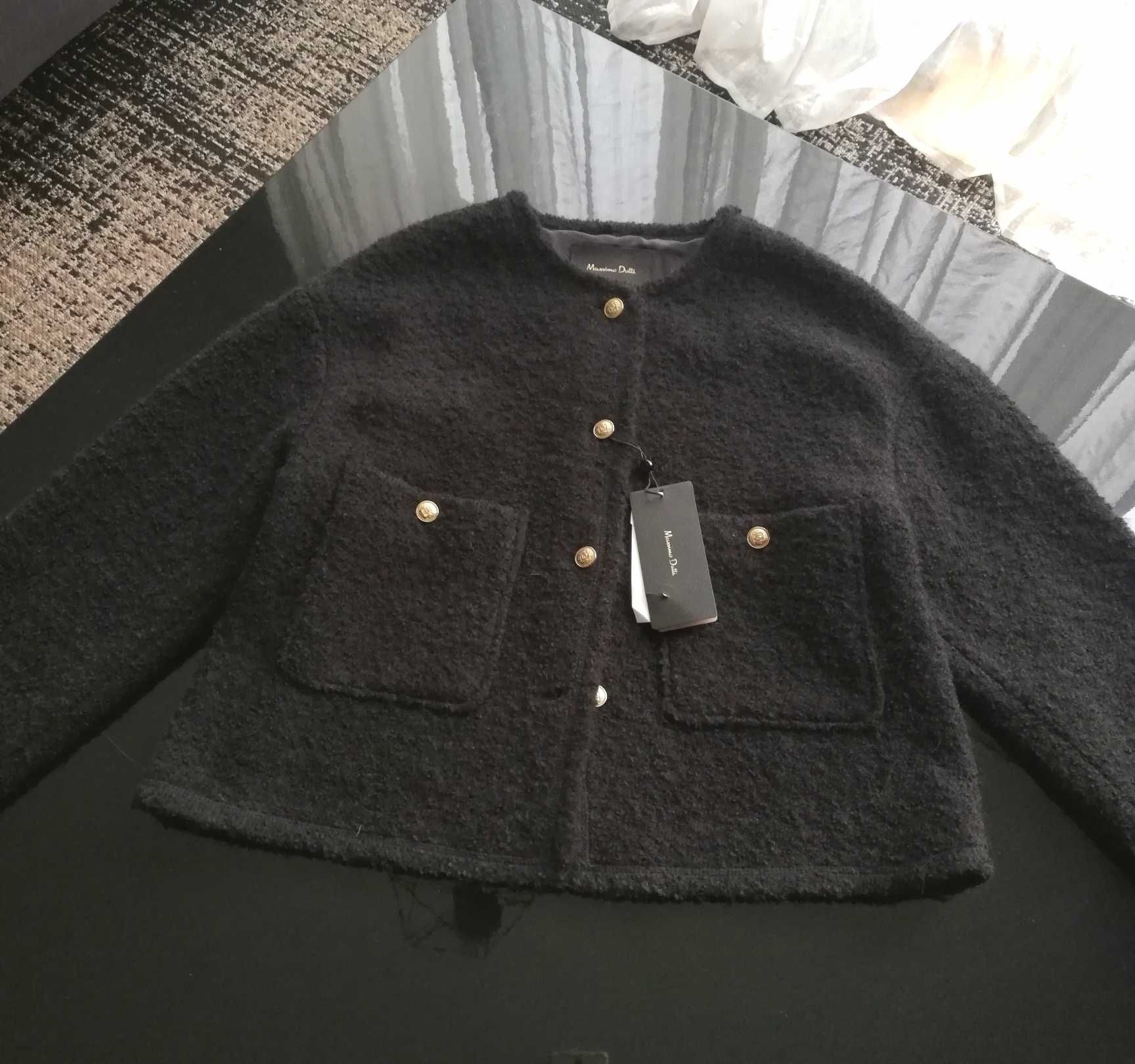 Massimo Dutti wełniany Krótki Żakiet Kardigan Boucle 38M czarny