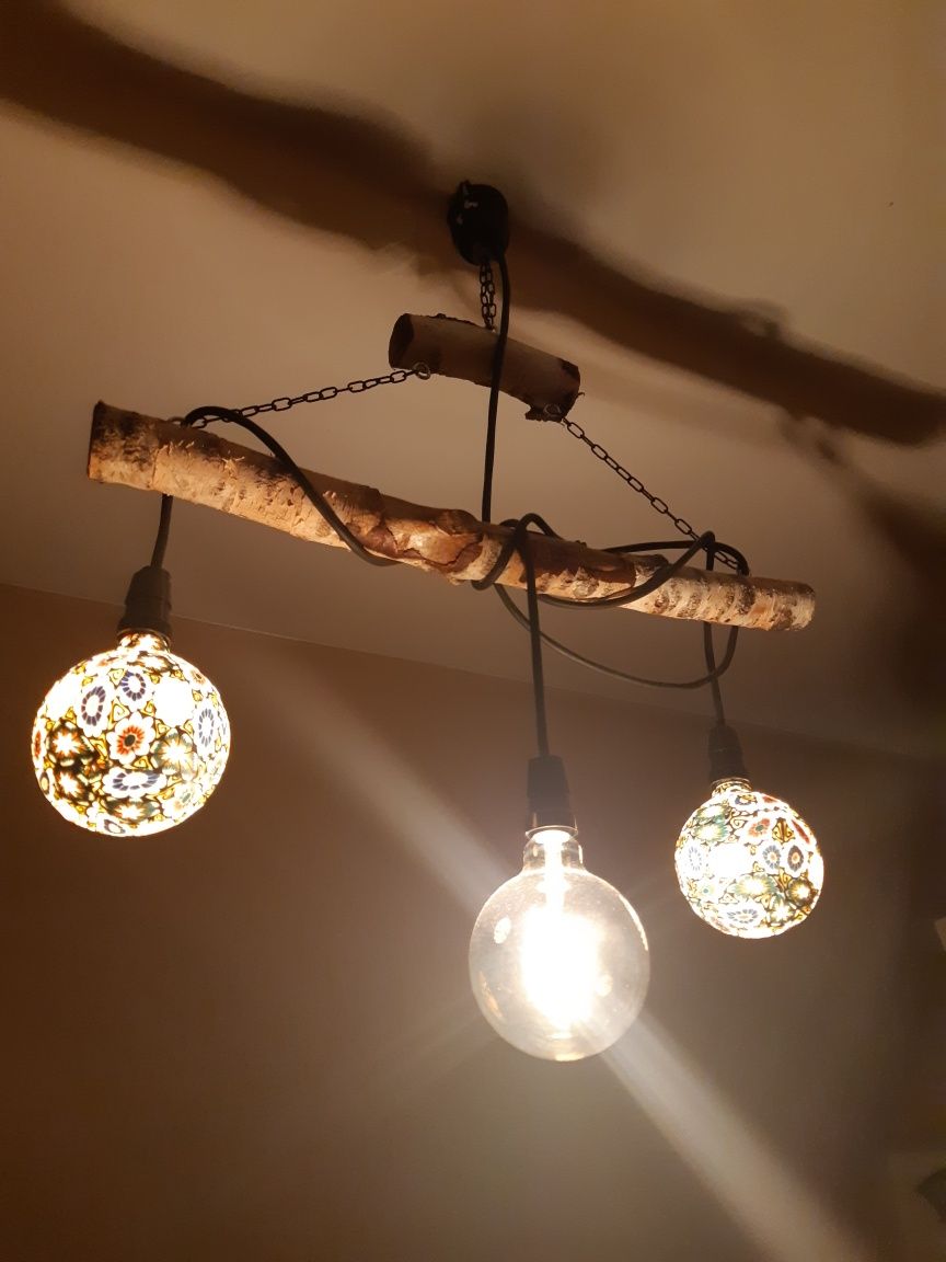 Lampa z brzozy +żarówki dekoracyjne. Loft, retro.