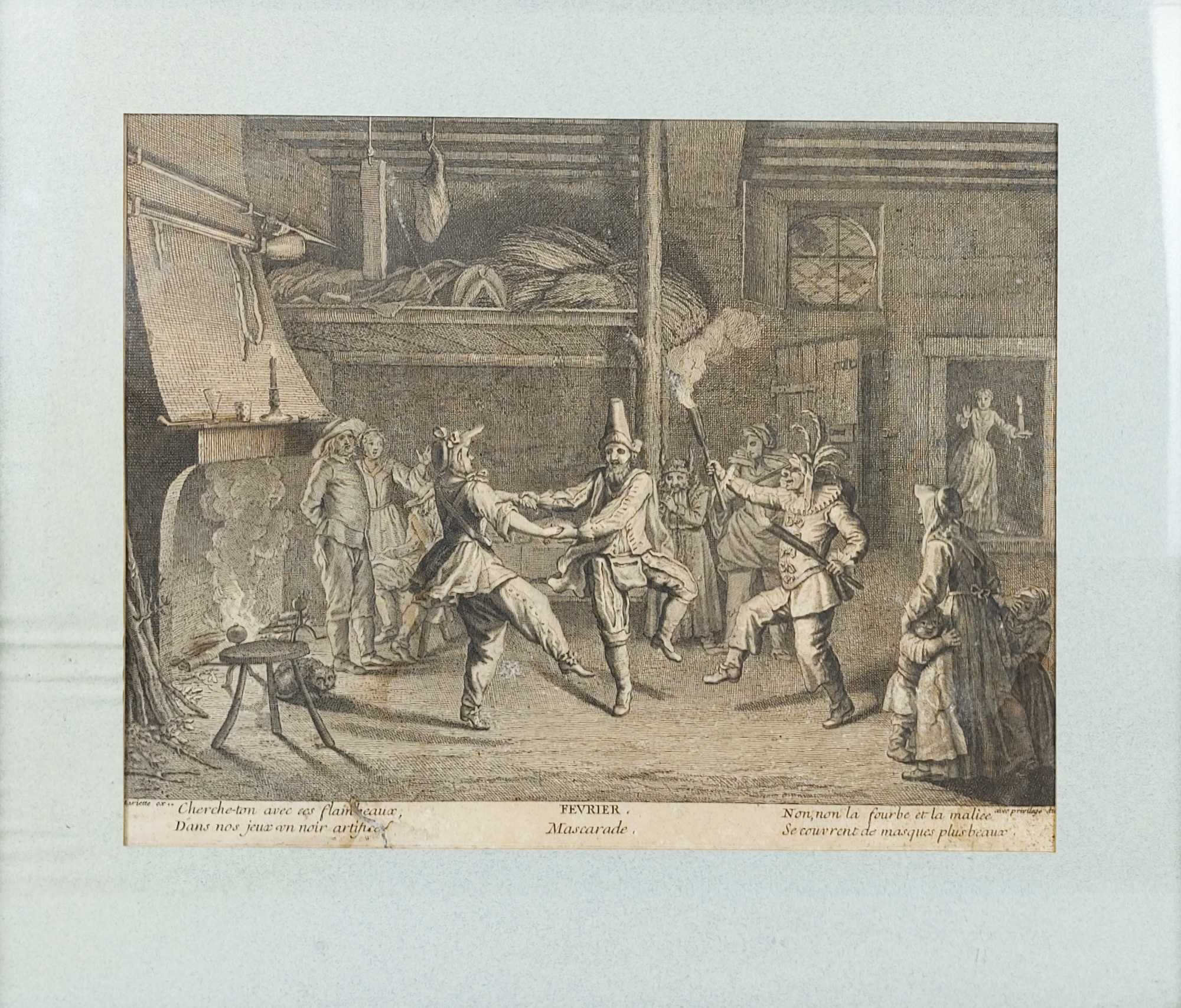 Stara Grafika Maskarada XVIII wiek w Ramie