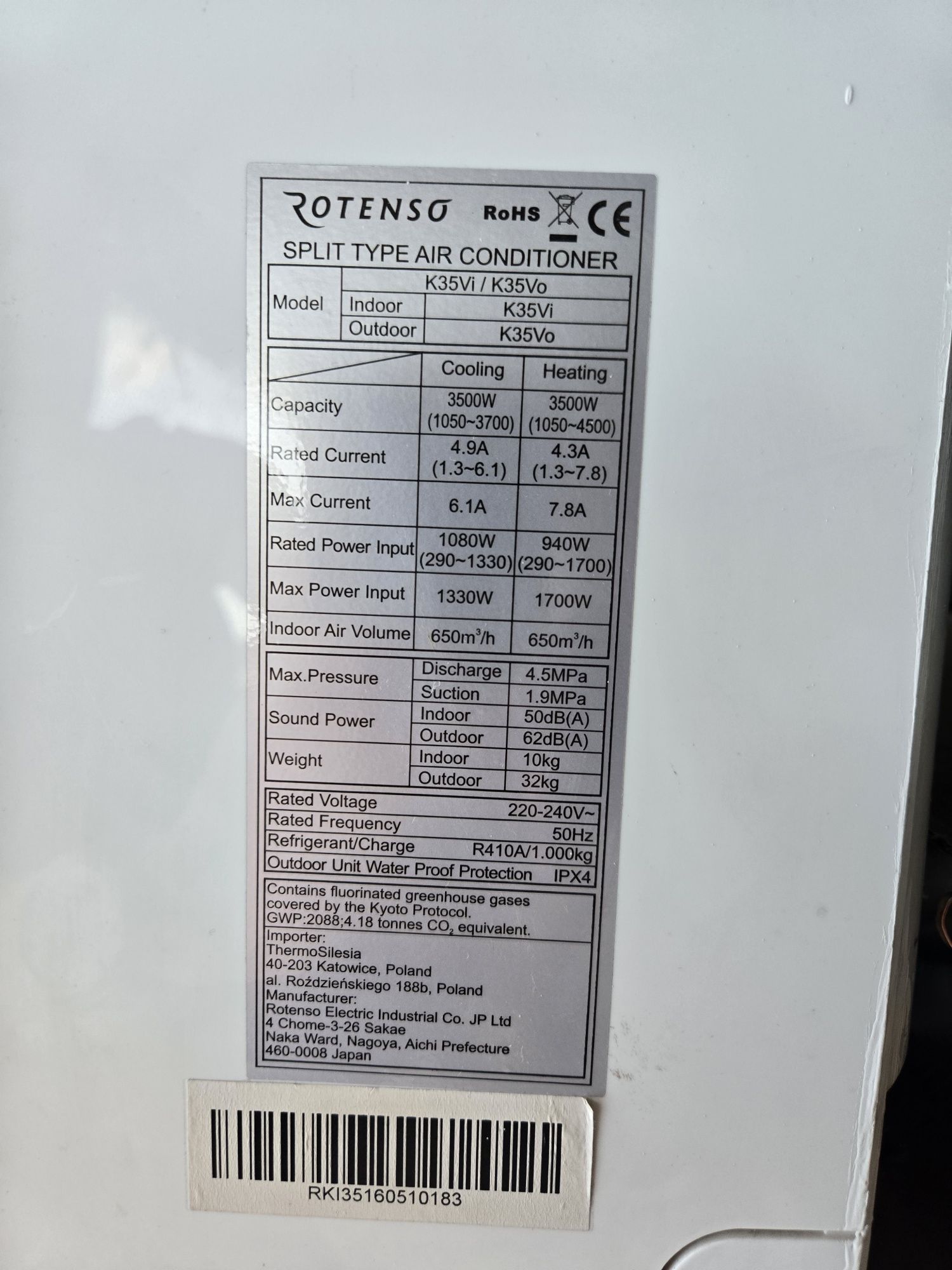 Rotenso Kasi 3.5kw uszkodzona Klimatyzacja domowa Split