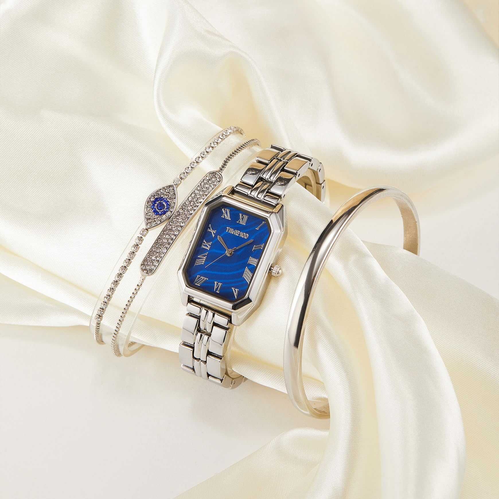 Zegarek damski TIME100 srebrny z bransoletkami elegancki komplet