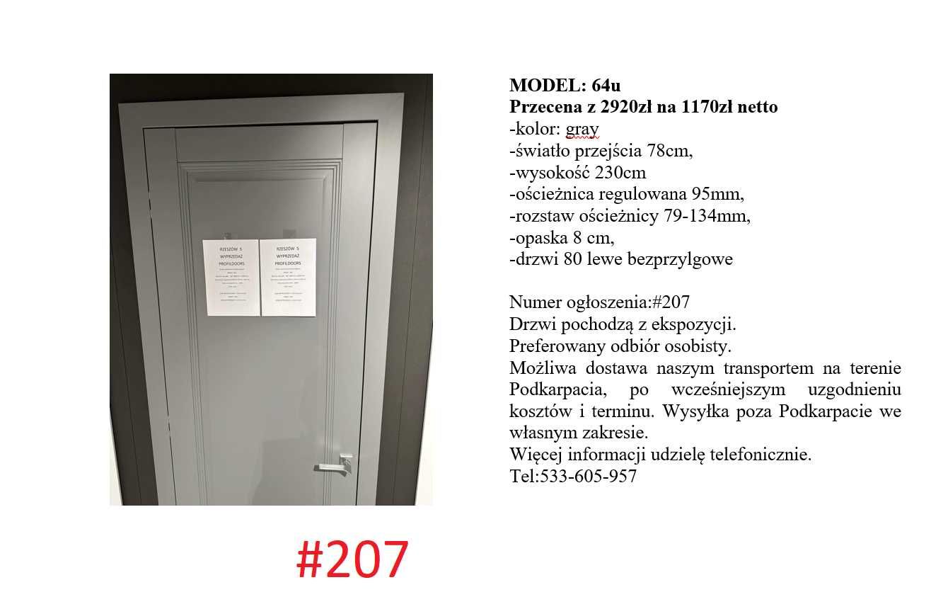 Drzwi bezprzylgowe Profildoors 64u 80 Lewe Grey