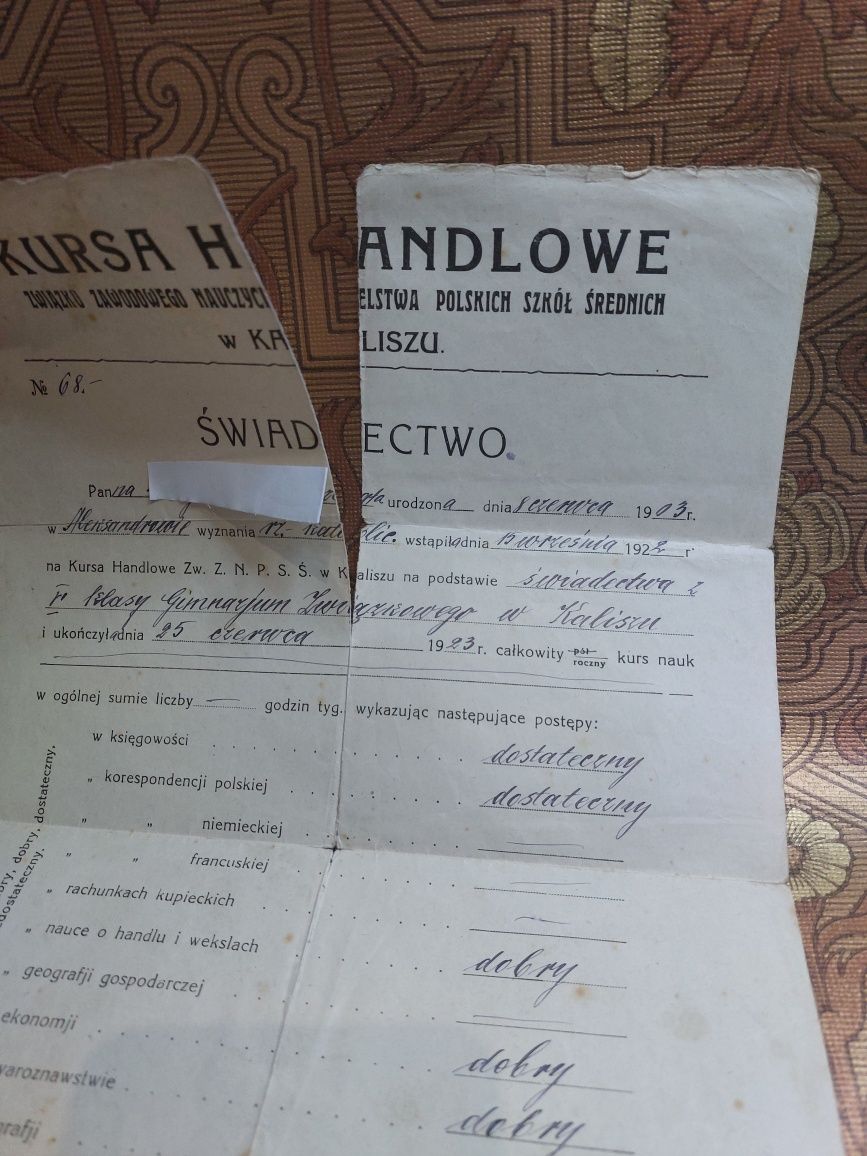 Stary dokument, świadectwo ukończenia kursu handlowego 1923r.