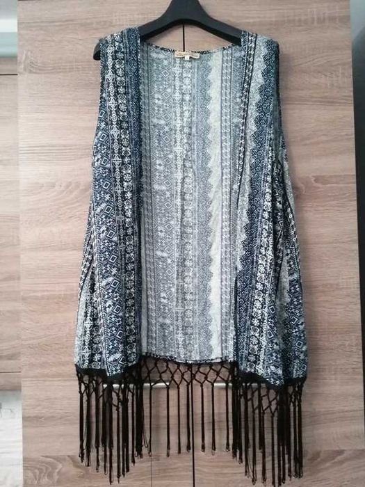 Narzutka we wzorki kimono Boho bezrękawnik zwiewna długa peleryna XXXL