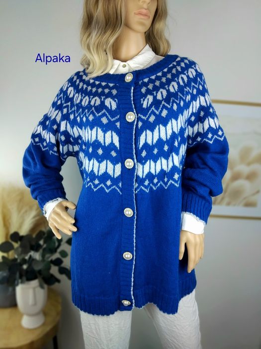 Wełniany kardigan vintage norweski wzór świąteczny sweter alpaka wełna