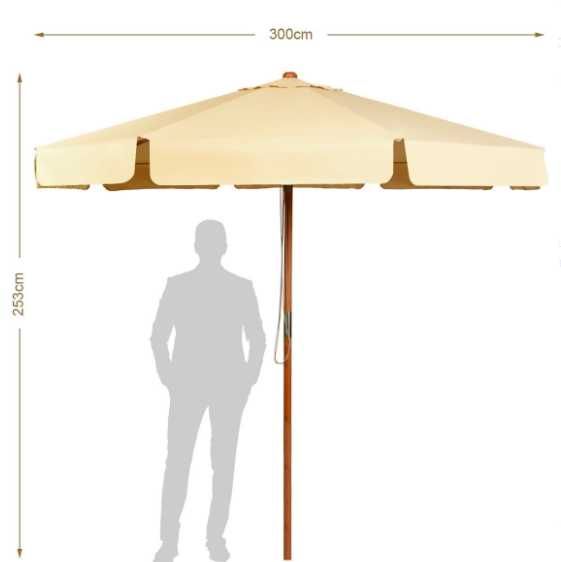 Parasol ogrodowy plażowy 300 cm beżowy UV regulacja drewno BUK