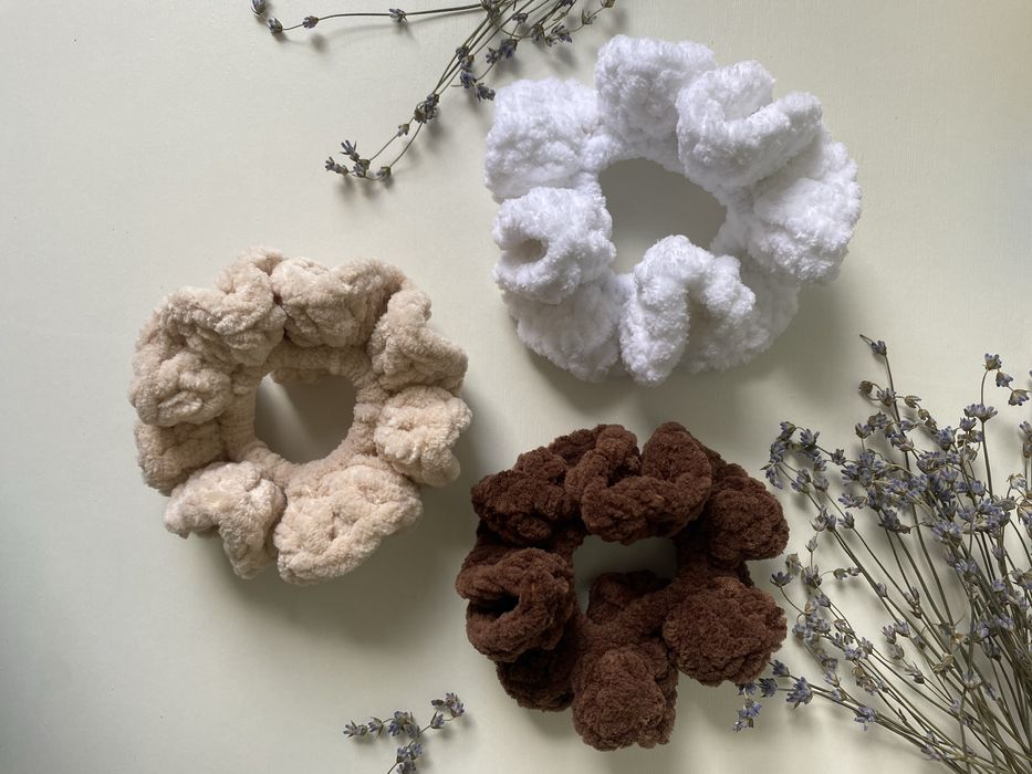 Плюшеві резинки вʼязані, широкі резинки для волосся,мʼякі резинки