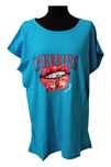 Niebieski T-shirt oversizowy z kuszącym nadrukiem