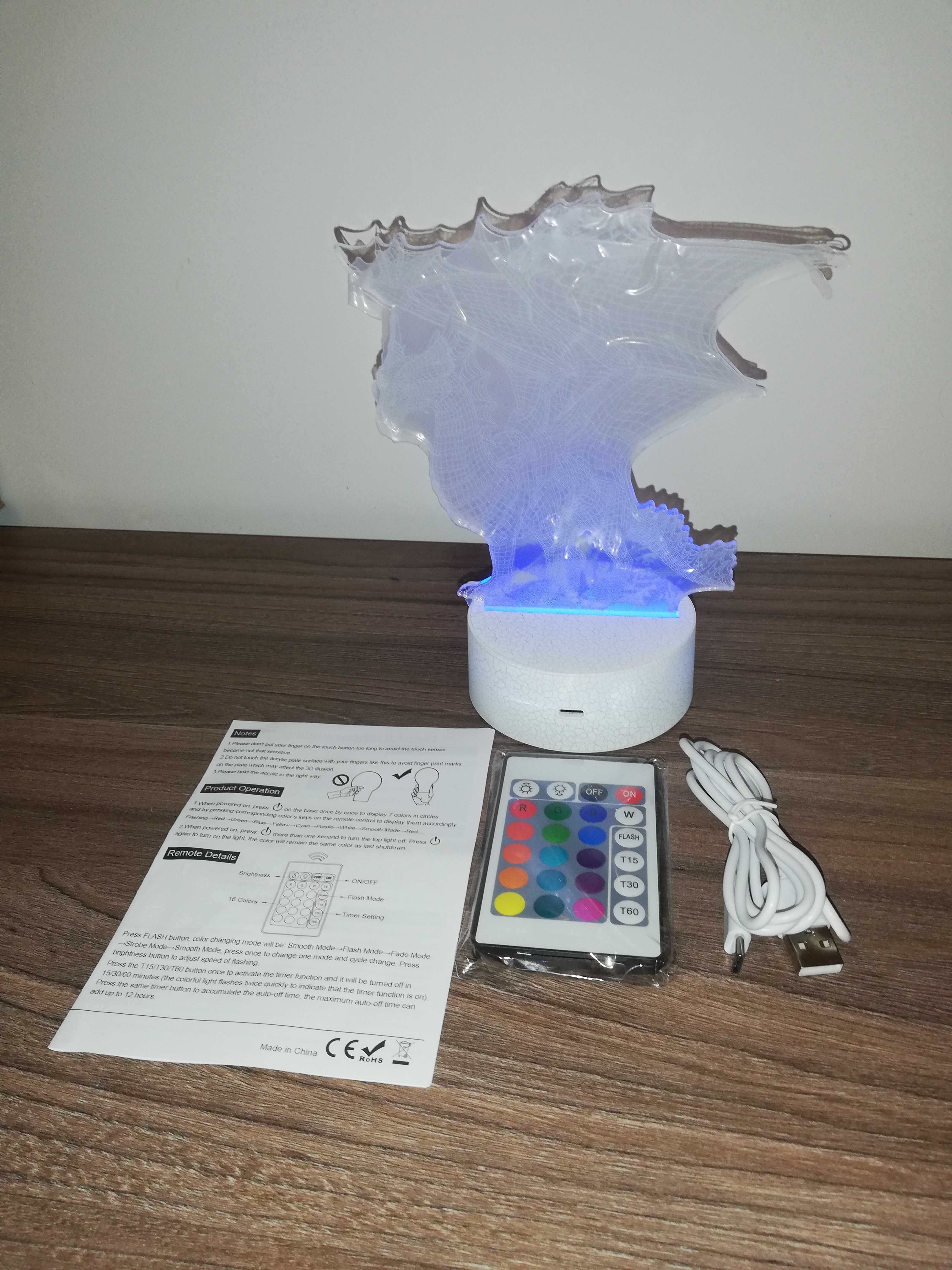 Amonitowa lampa smoka 3D smok lampka nocna 16 kolorów pilot.