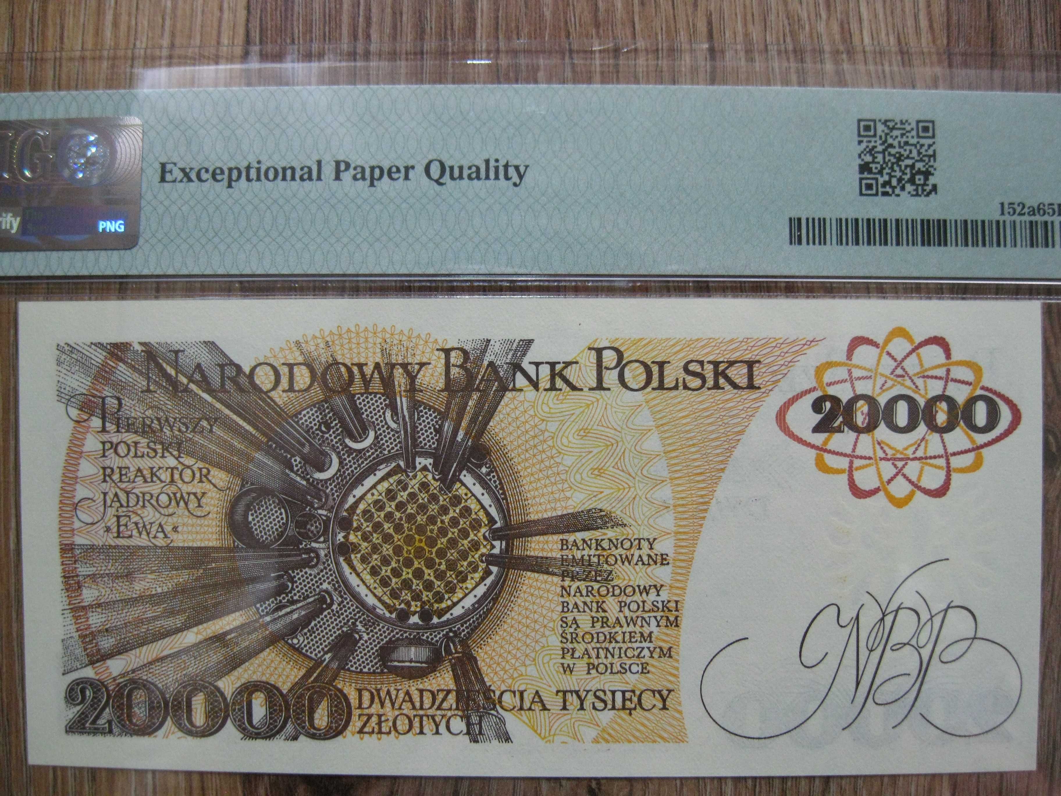 Banknot PRL 20000 złotych 1989 r. seria AM Skłodowska grading PMG 65