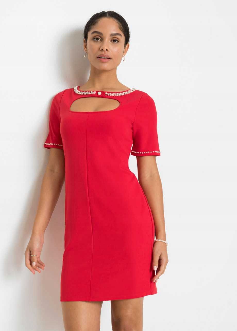 B.P.C czerwona sukienka z perełkami 32/34.